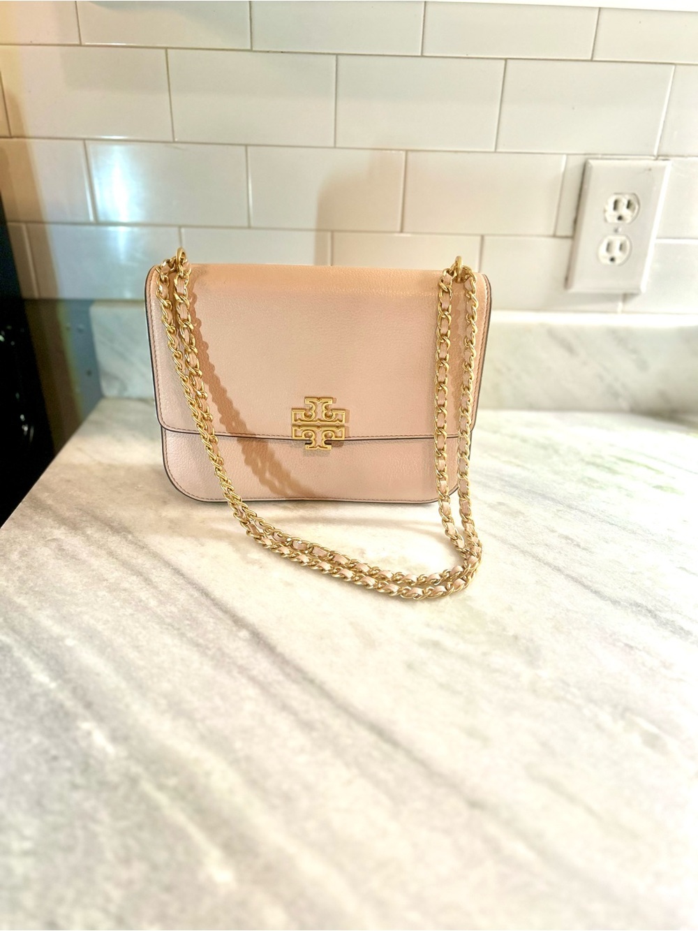 Tory Burch Crossbody Shoulder Bag in Blush Pink with Gold Chain